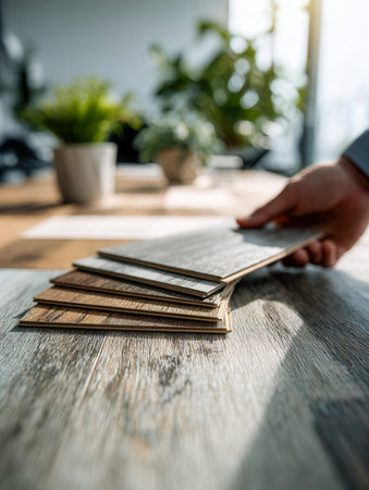 A person gracefully examines various wood finish options laid out on a weathered wooden surface, bathed in warm sunlight amid lush, out-of-focus houseplants for a weの写真素材
