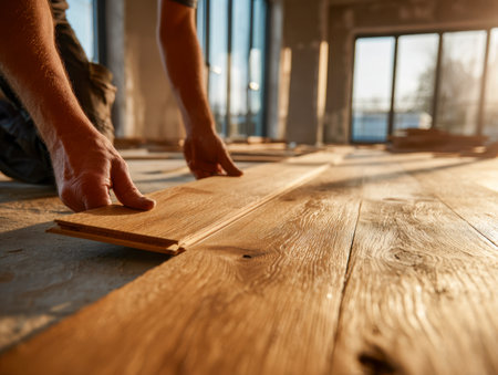 A craftsman meticulously arranges warm oak planks in a bright, airy space, enhancing the cozy atmosphere of a home renovation project.の写真素材