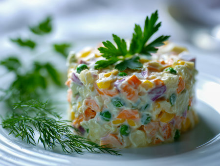 A smooth, hearty mixture of mixed vegetables accented with bright herbs presents a fresh, inviting dish perfect for light lunches or side servings.の写真素材