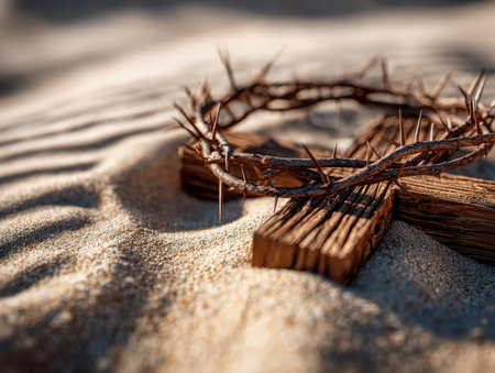 A rustic wooden cross rests gently on golden sands, topped with an ancient, jagged crown of thorns, bathed in soft sunlight, evoking themes of humility and contemplatの写真素材