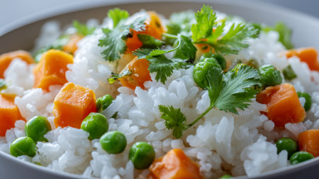 A steaming bowl showcases fluffy white rice enriched with lively orange sweet potato chunks, crisp green peas, and a sprinkle of vibrant cilantro, evoking a nourishiの写真素材