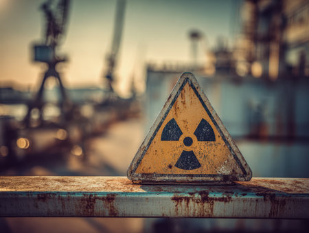 An aged, corroded warning plaque mounted on a safety barrier, with an out-of-focus industrial complex beneath a warm, amber glow, emphasizing caution and decay.の写真素材