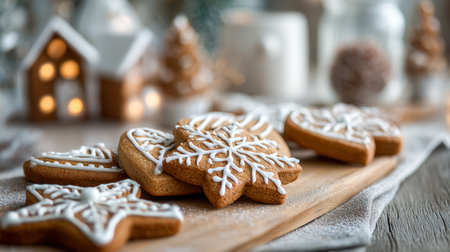 Warm holiday vibes captured with intricately decorated gingerbread treats featuring snowy white patterns, arranged on rustic wood amid seasonal charm in gentle focusの写真素材