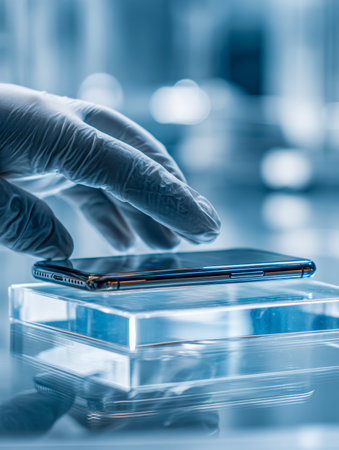 A gloved individual interacts with a device atop a transparent surface amid a pristine, blue-lit lab setting, showcasing precision and advanced scientific environmenの写真素材