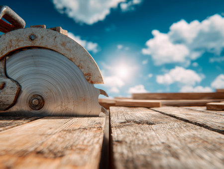 A weathered metal saw spins through fresh timber under a bright sky, capturing the essence of hands-on craftsmanship amidst nature?s backdrop.の写真素材
