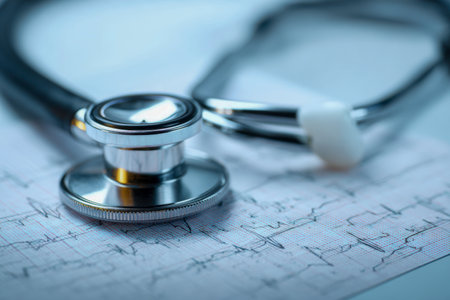 A clinical scene featuring a stethoscope gently placed on a printed heart rate graph, embodying diagnostic precision and cardiovascular health assessment.の写真素材