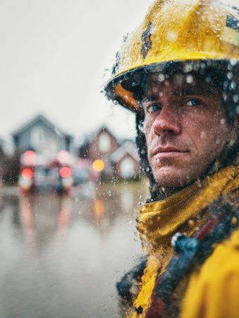 A resolute firefighter in protective attire maintains intense focus amidst pouring rain, with emergency lights and distant homes softly blurred behind.の写真素材