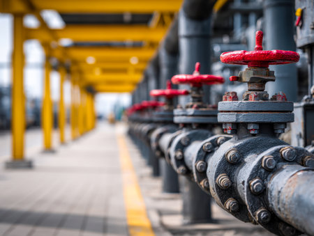 An intricate network of metallic pipes featuring vivid red valves runs beneath a bright yellow support structure, capturing the essence of machinery in a manufacturiの写真素材