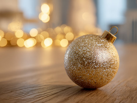 A luminous gold bauble gently rests on rustic wood, surrounded by soft, glowing lights that evoke a welcoming holiday spirit and intimate festive warmth.の写真素材