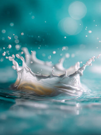 A striking swirl of silky white liquid erupts in mid-air, forming an intricate crown with shimmering droplets, set against tranquil turquoise waters and a dreamy bokの写真素材