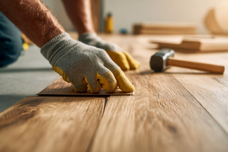 An expert worker dons safety gloves as he meticulously positions wooden planks, using precise tools to ensure seamless flooring installation on location.の写真素材