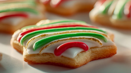 A charming holiday treat featuring a decorated cookie adorned with vibrant red, green, and...