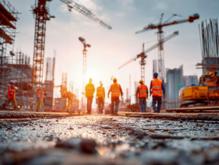 As the sun sets behind towering cranes, construction personnel in high-visibility vests stride through a bustling urban site, surrounded by unfinished concrete frameの写真素材
