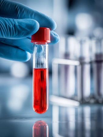 A scientist in protective blue gloves carefully examines a vibrant red solution in a test tube, with a softly blurred array of laboratory samples behind.の写真素材