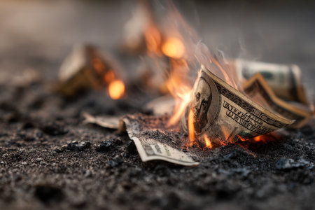 Flickering flames consume fragile paper cash, leaving behind darkened embers on a textured base, depicting the stark reality of monetary downfall and economic chaos.の写真素材
