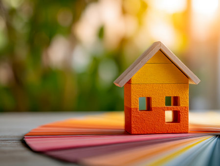 A charming miniature wooden home rests atop vibrant color samples, illuminated by gentle sunlight, evoking a warm, inviting feeling ideal for inspiration or design pの写真素材