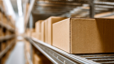 Organized stacks of cartons rest precisely on sturdy metal racks, set within a vast industrial space, hinting at efficiency and readiness for distribution.の写真素材