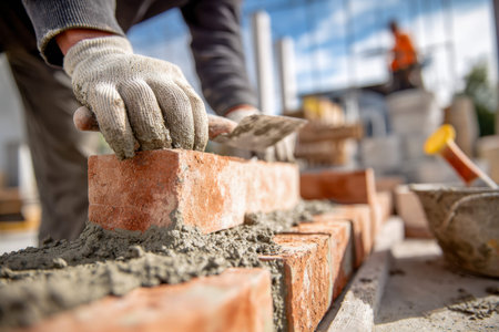 A dedicated craftsman in safety gear meticulously arranges bricks and spreads mortar on a bustling...
