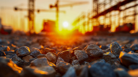 Warm evening light illuminates rugged gravel on railway beds, casting a golden glow with an industrial skyline softly fading in the distance.の写真素材