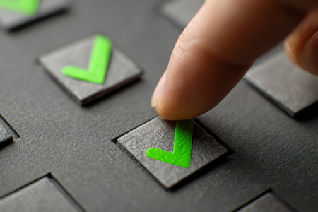 A hand's finger confidently presses a vibrant green indicator on a rugged control surface, embodying affirmation, validation, and the achievement of goals within anの写真素材