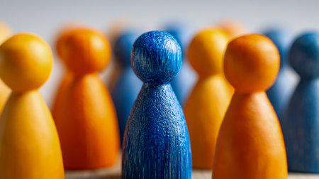 A vibrant display of hand-painted wooden game tokens in blue and orange, with a lone blue figure leading a cluster of orange counterparts, embodying distinction andの写真素材