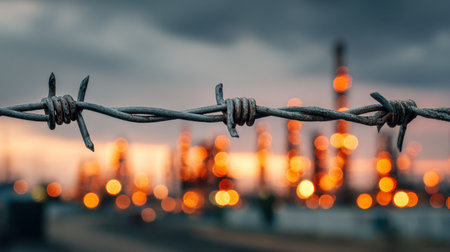 A close-up of corroded, sharp barbed wire stretching across a bleak landscape, with an indistinct industrial complex emitting warm glows beneath a stormy dusk sky.の写真素材