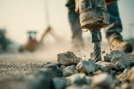 A determined worker operates a rugged jackhammer, shattering the surface amid swirling dust and scattered debris, with a bustling construction zone in the backdrop.の写真素材