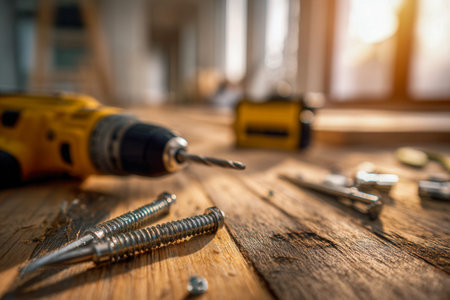 A vibrant yellow power tool lies on a wooden worktable, amidst loose screws and various drill bits,...