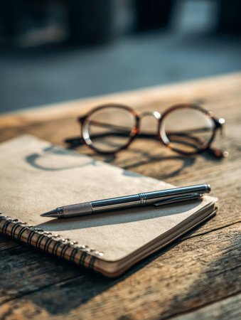 A cozy workspace scene featuring a classic wooden surface, a journal with a smooth-written pen, and vintage round glasses creating gentle shadows in warm daylight.の写真素材