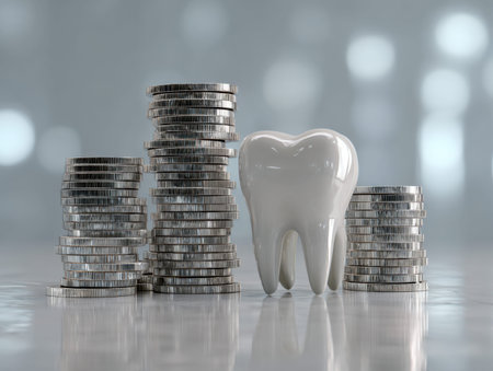 A massive tooth replica encircled by shimmering coin stacks, illustrating the financial impact of...