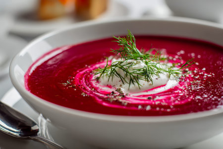 A vivid crimson soup topped with sprigs of dill and dollops of smooth yogurt, presented in a...