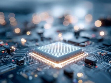 A luminous microprocessor embedded in a complex, illuminated circuit pattern highlights cutting-edge...