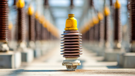 Bright yellow-topped insulators stand in orderly rows against a clear sky, illuminating a high-voltage station's organized complexity under sunny conditions.の写真素材