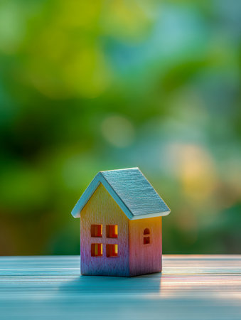 A charming miniature wooden residence rests on a striped fabric, set against a lush, colorful backdrop symbolizing safety, comfort, and connection to nature.の写真素材