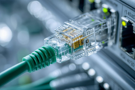 A close-up of a vibrant green network cable with shimmering gold-plated ends, connected to a switch...