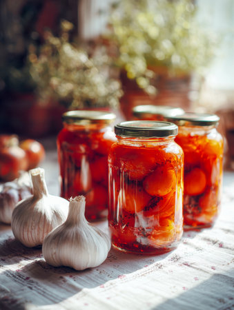 Sunlit kitchen scene featuring vibrant cherry tomatoes in glass containers, complemented by fresh garlic bulbs, with lush greenery softly blurring in the background.の写真素材
