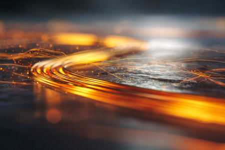 Vibrant orange copper cables pulsate with light against a textured black surface, enhanced by swift, shimmering streaks that evoke a cutting-edge sci-fi atmosphere.の写真素材