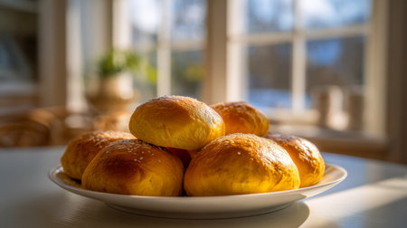 Warm sunlight illuminates a rustic scene featuring a batch of soft, golden-baked bread rolls nestled on a pristine white surface, evoking comfort and homely charm.の写真素材