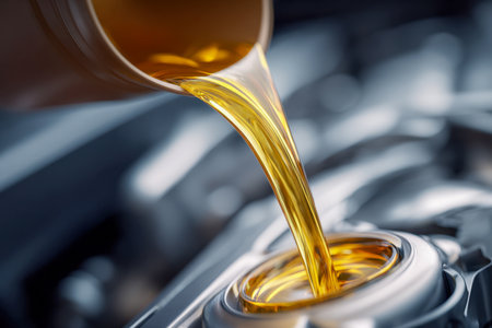 A mechanic's hand gently pours gleaming yellow oil into a car?s engine bay, ensuring optimal function and safeguarding components from damage and excessive heat.の写真素材