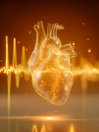 A luminous 3d heart hologram radiates warm hues, with vibrant electric pulses illustrating advanced...