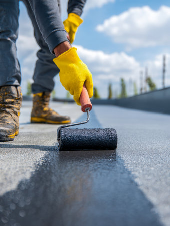 A skilled technician wearing bright yellow gloves spreads a dark protective layer across a rooftop surface under a clear, sunny sky, ensuring durability and weatherの写真素材