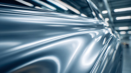 A polished metallic panel captures the glow of contemporary industrial lights, creating a futuristic ambiance in a large, state-of-the-art production space with a reの写真素材