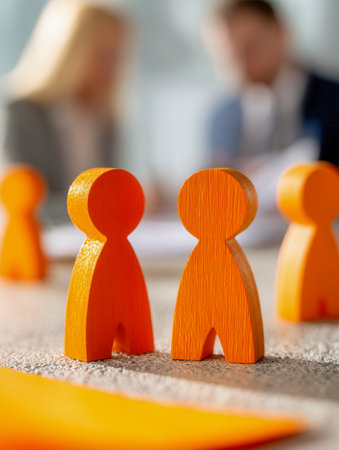 Bright wooden figures in vibrant orange showcase teamwork and dialogue amidst a professional setting, with dynamic professionals engaging in discussion behind the foの写真素材