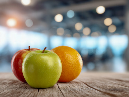 Vibrant green and crimson apples alongside a ripe orange rest on a textured wooden surface, illuminated by soft ambient lights in a lively, contemporary space.の写真素材