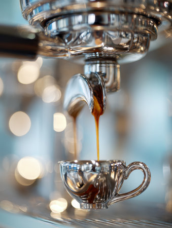 A tantalizing shot capturing rich espresso streaming from a gleaming metallic brew head into a glossy, mirror-like cup, illuminated by soft bokeh lights in a cozy caの写真素材