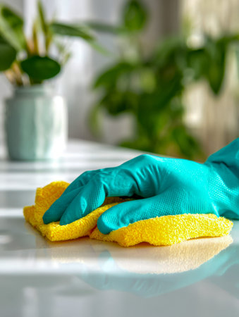 A person in vibrant turquoise gloves carefully polishes a reflective surface using a cheerful yellow...