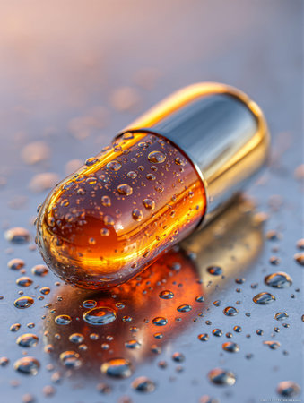 A glossy amber capsule rests on a mirror-like surface, glistening with tiny water beads, illuminated...