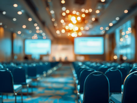 A stylish, softly focused setting featuring neatly arranged seating and glowing display screens, perfect for professional presentations or networking events.の写真素材