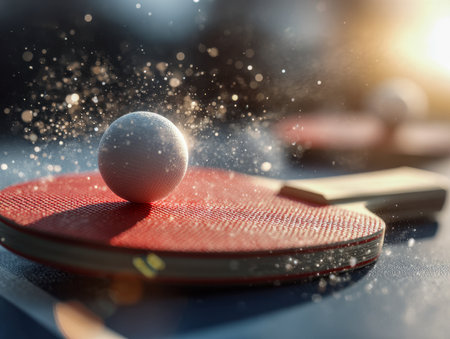 A bright white sphere gently rests atop a vibrant red paddle, with shimmering dust motes catching the sunlight during an energetic outdoor match.の写真素材