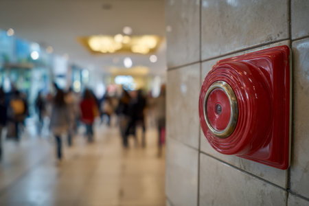A vibrant red alarm fixture affixed to a tiled wall, contrasting sharply against the sleek, busy mall corridor where hurried shoppers pass by in a soft-focus blur.の写真素材